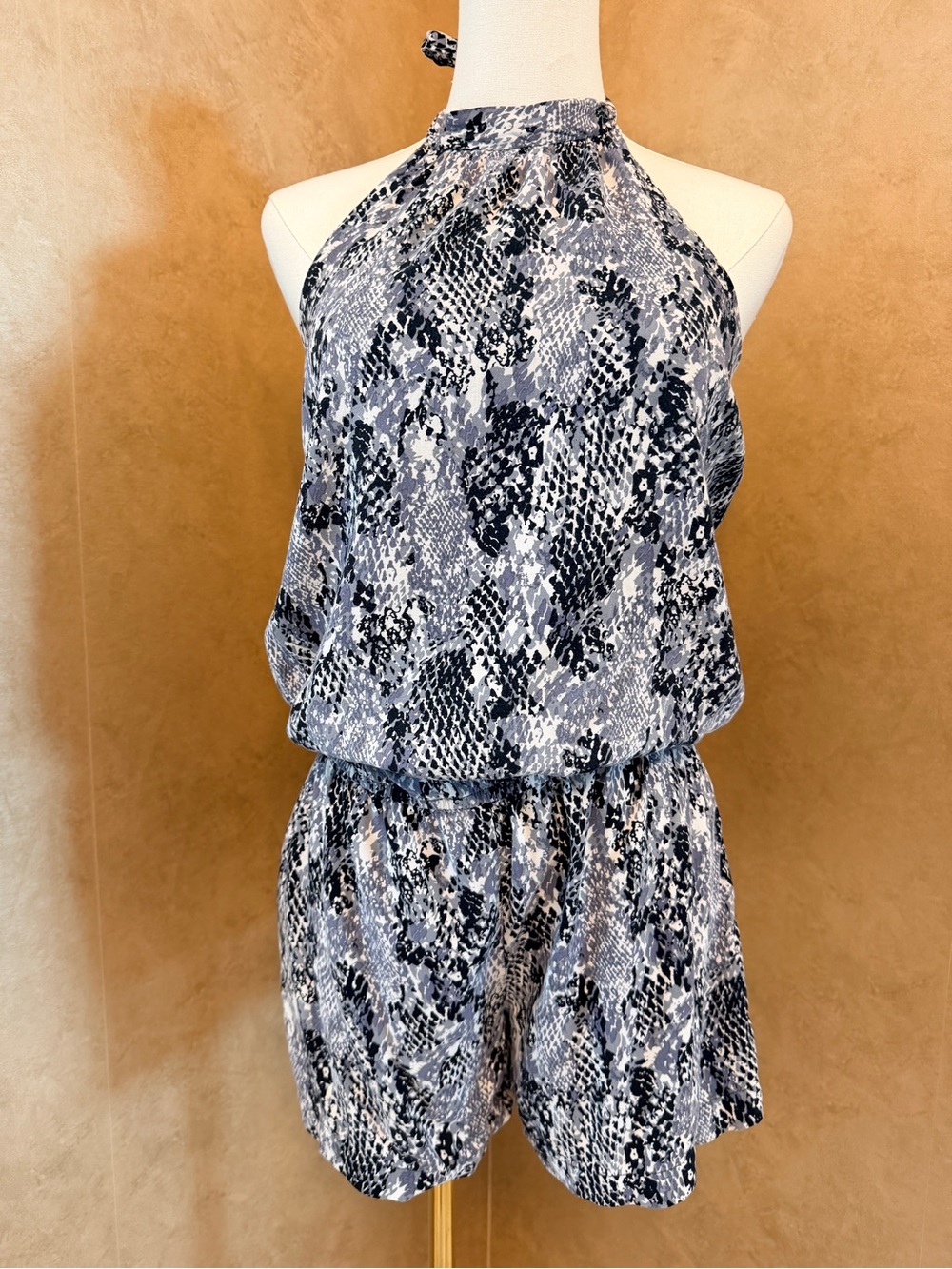BCX Halter Snake-Print Romper in Black and Gray